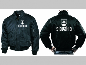 Slovakia Logo  - čierna zimná letecká bunda BOMBER s límcom, typ CWU z pevného materiálu s masívnym zipsom na zapínanie 100%nylón, čiastočne vodeodolná